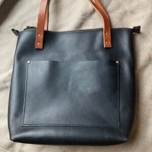 Portland Leather Zipper Small Tote, black and tan EUC